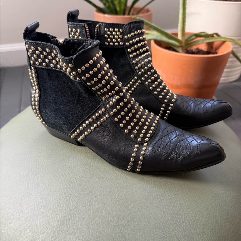 Anine Bing Black and Gold Studded Ankle Boots 37